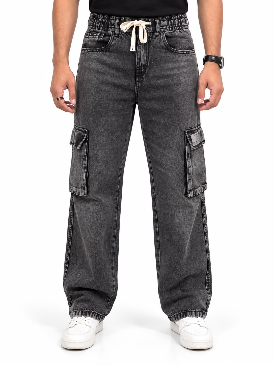 Men’s Patterned Denim Cargo Jogger Pants