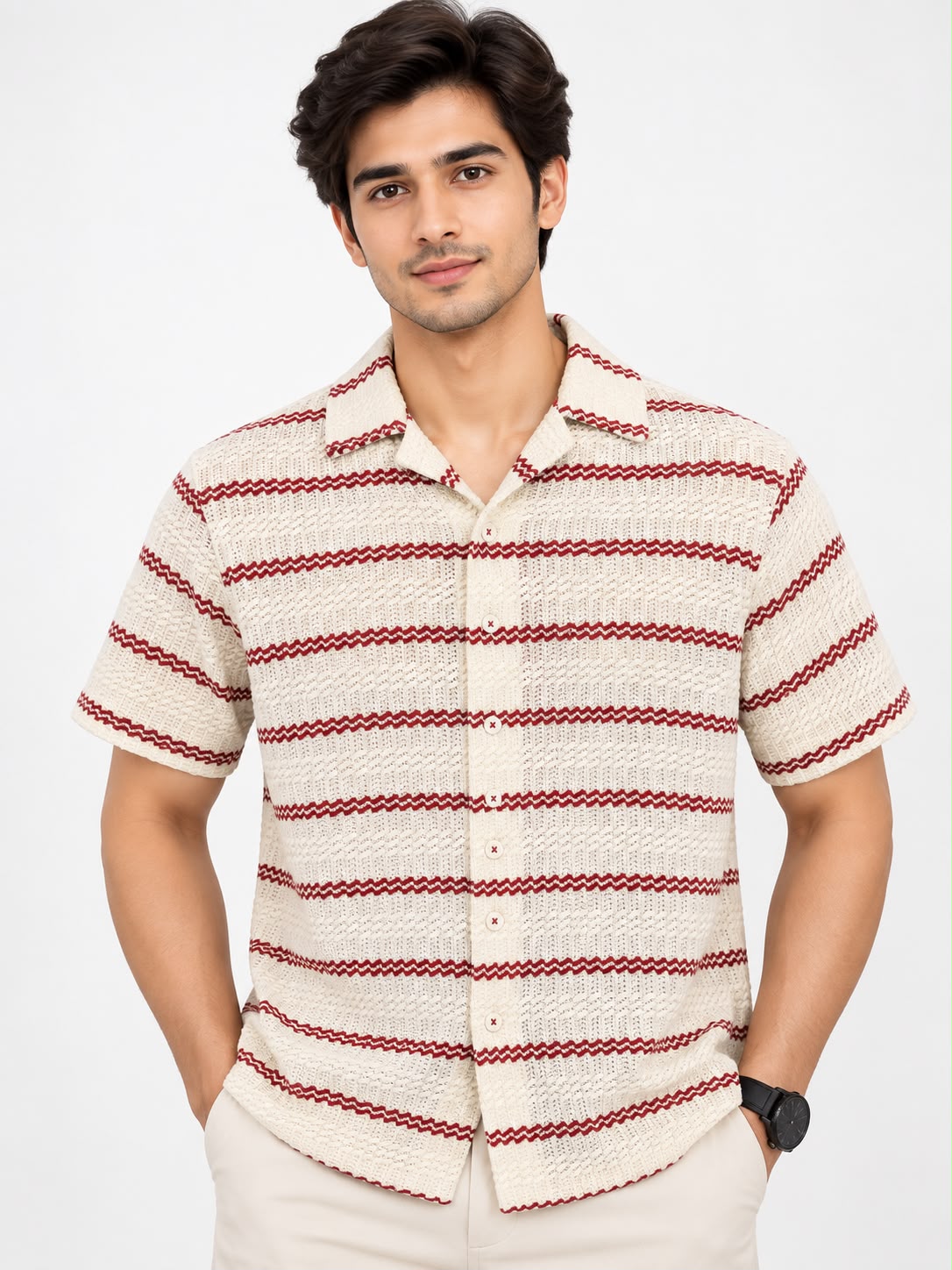 Men’s Cream Striped Textured Knit Short Sleeve Shirt