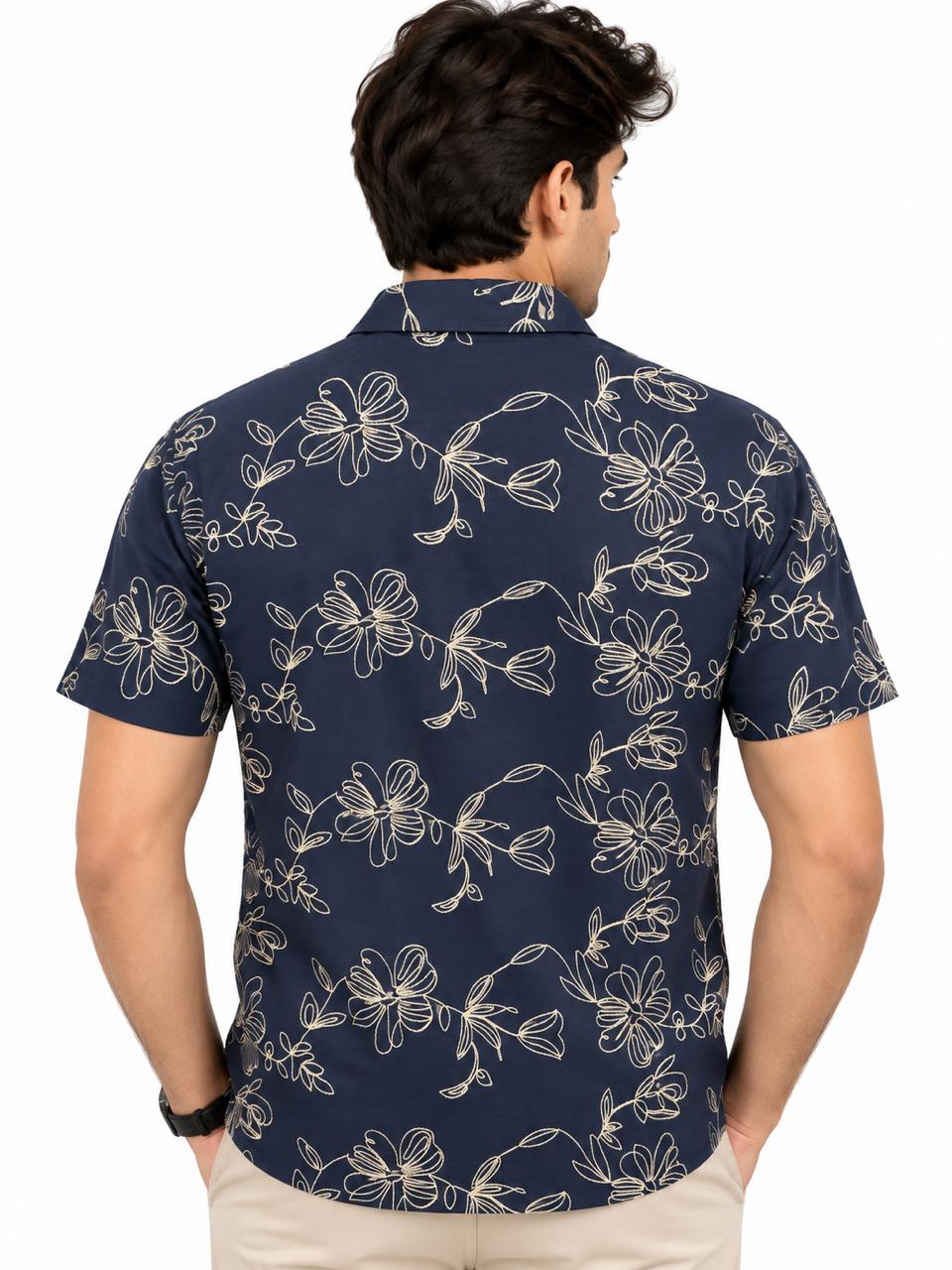Men’s Navy Blue Floral Print Short Sleeve Casual Shirt