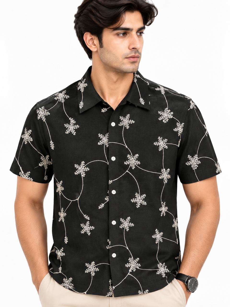 Men’s Black Printed Short Sleeve Casual Shirt