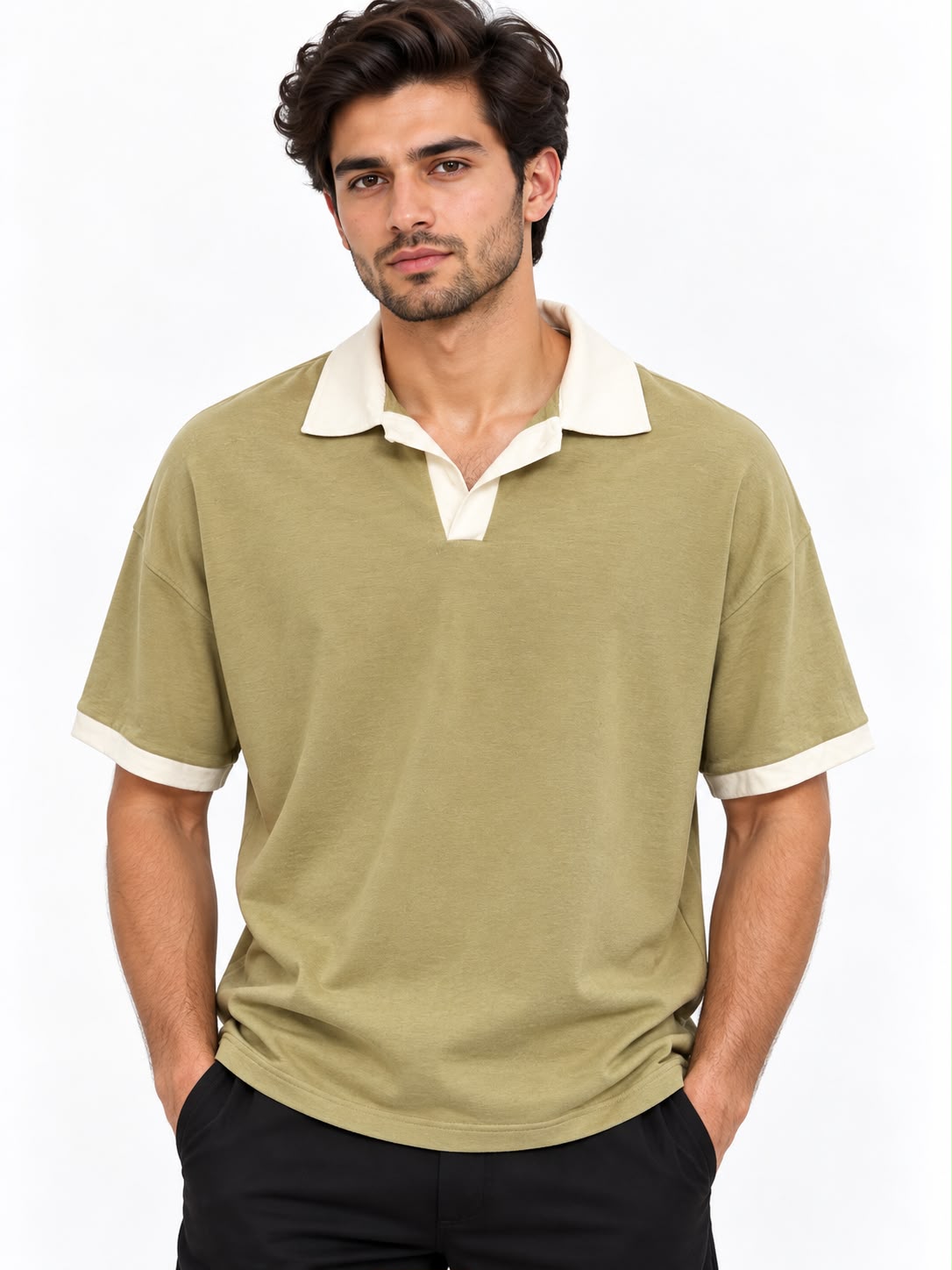 Men’s Kakhi Green Contrast Collar Polo Shirt