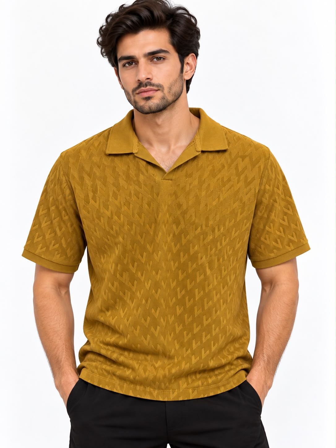 Men’s Mustard Textured Pattern Polo Shirt