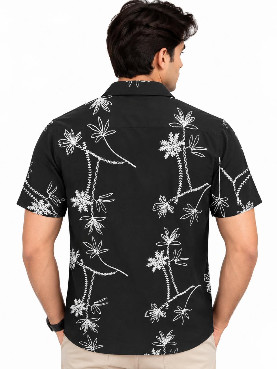 Men’s Black Floral Print Short Sleeve Casual Shirt