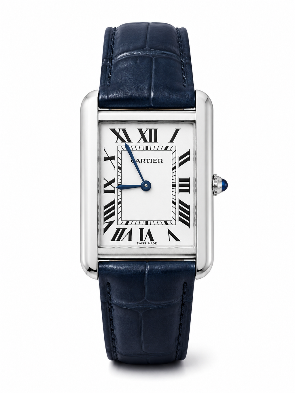 Men’s Silver Rectangular Blue Leather Strap Watch
