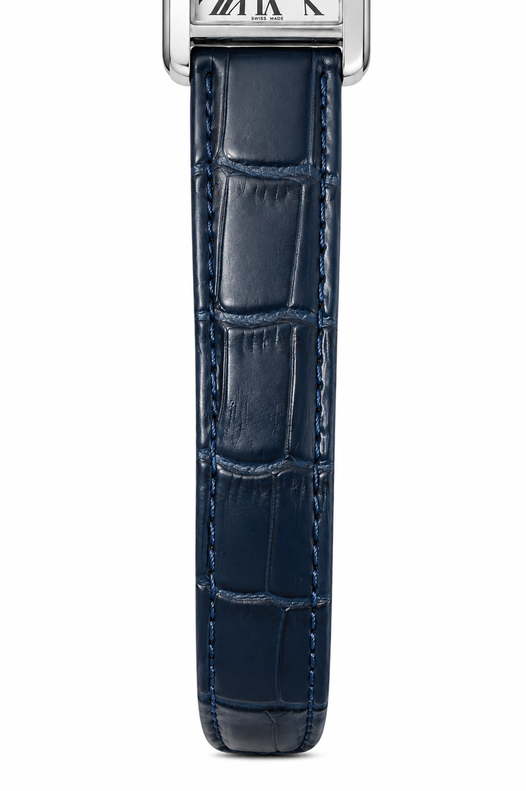 Men’s Silver Rectangular Blue Leather Strap Watch