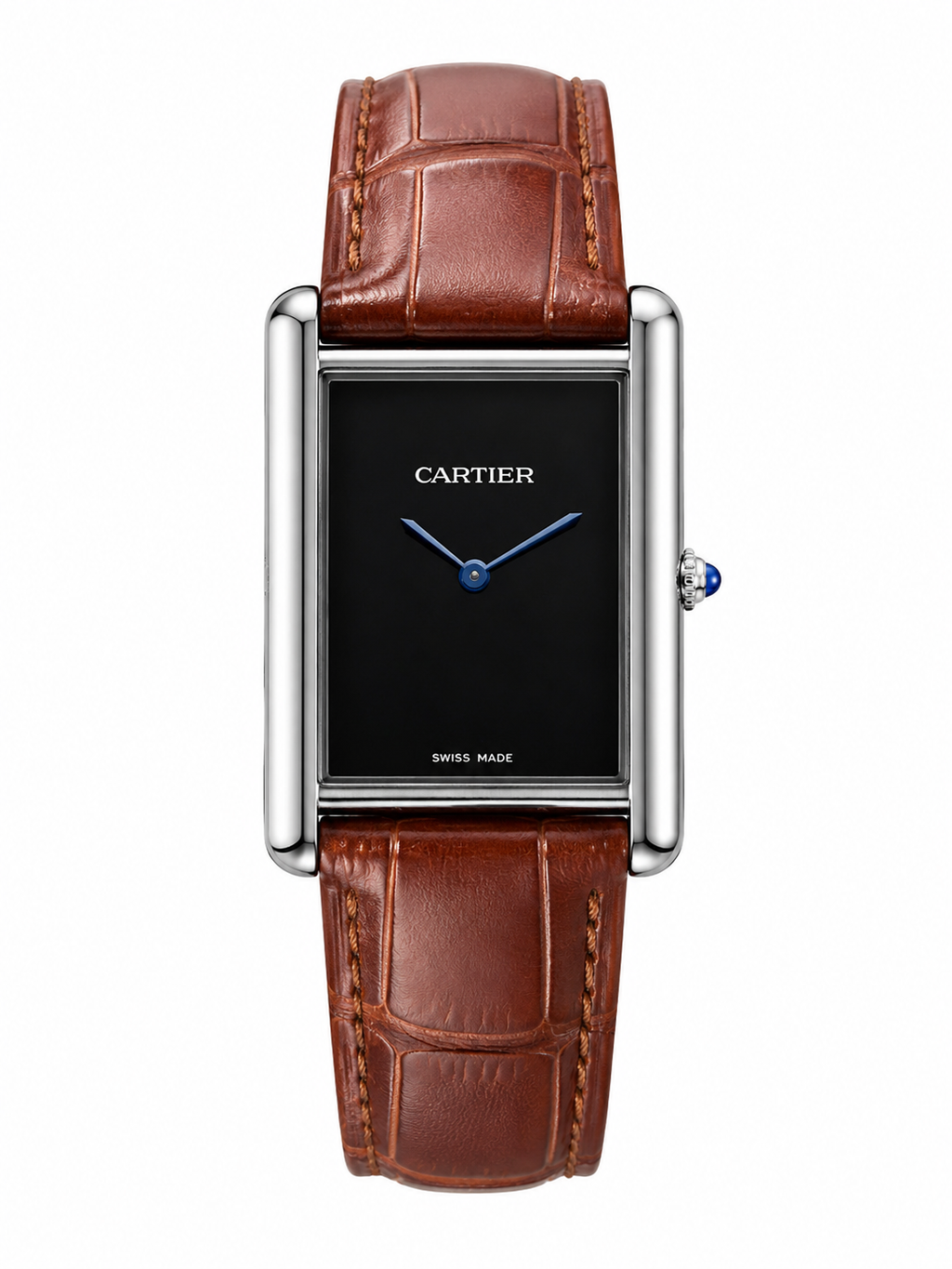 Men’s Silver Rectangular Black Dial Brown Leather Strap Watch