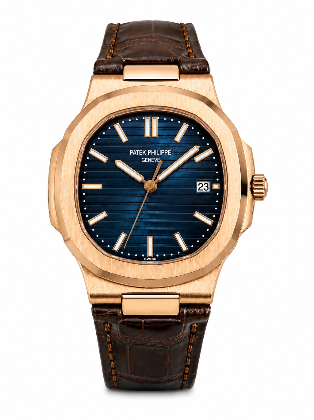 Men’s Luxury Blue Dial Watch with Brown Leather Strap – Gold Tone Case