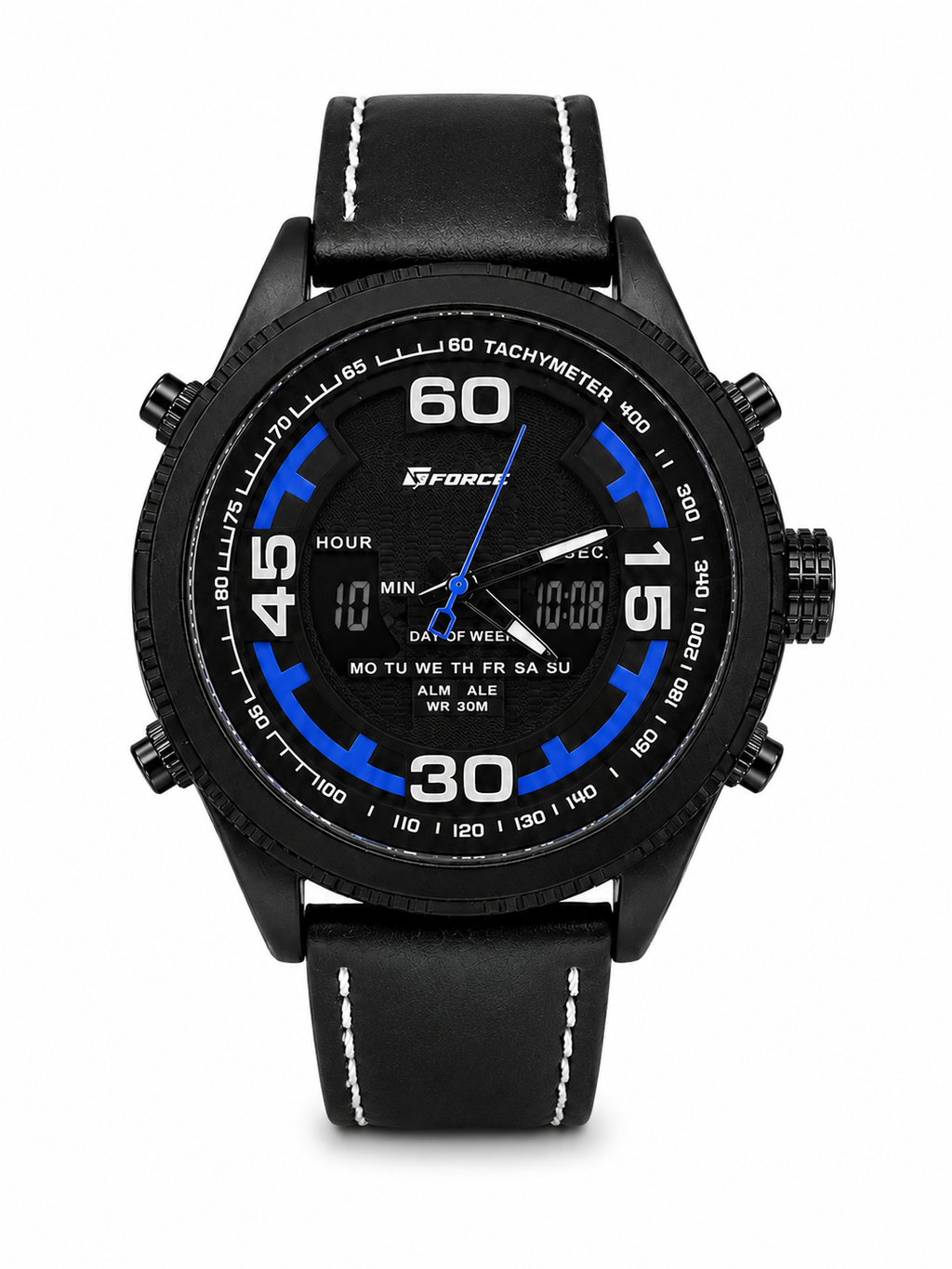 Men’s Black Chronograph Sports Watch with Blue Accents – Leather Strap