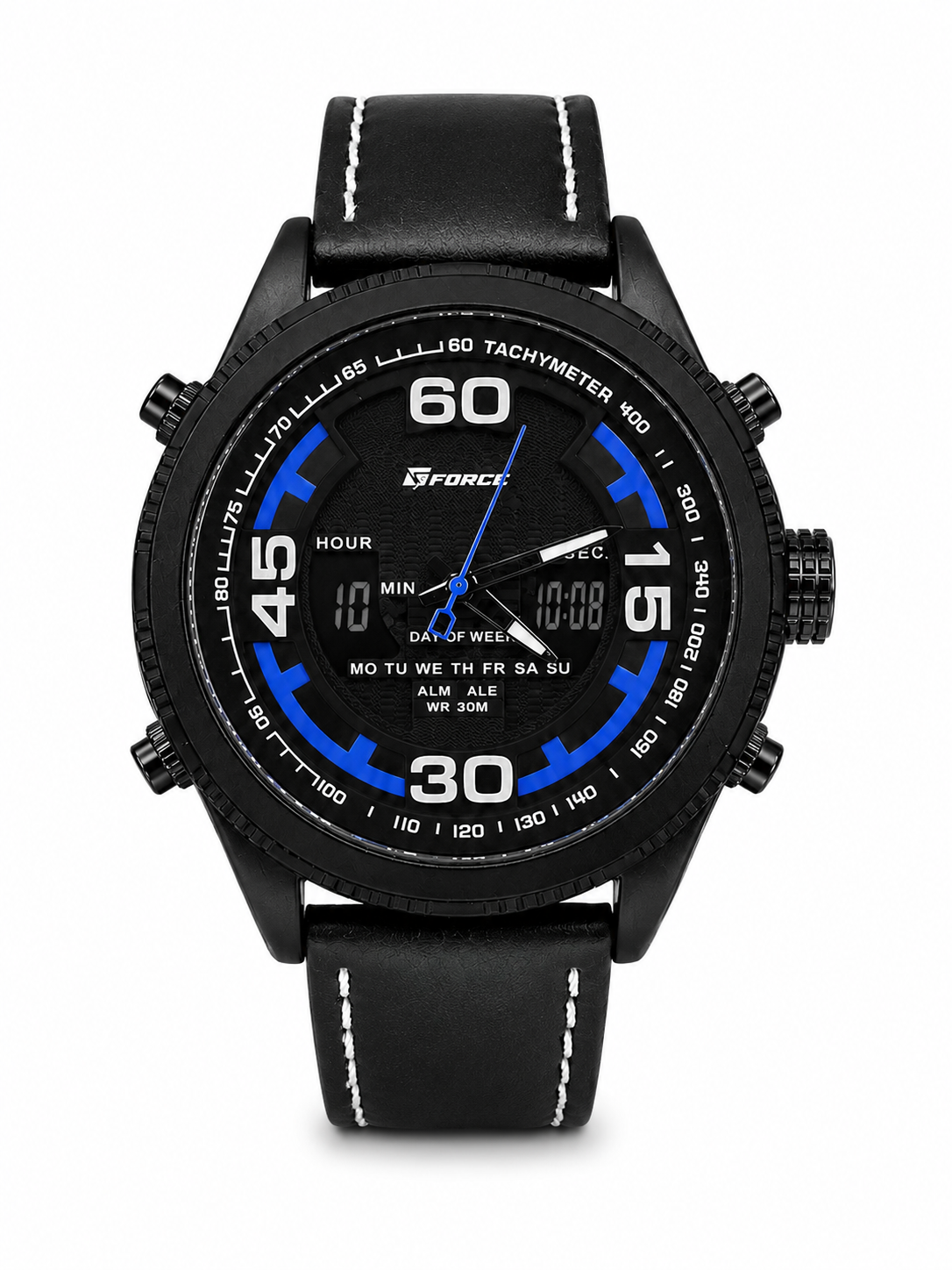 Men’s Black Chronograph Sports Watch with Blue Accents – Leather Strap