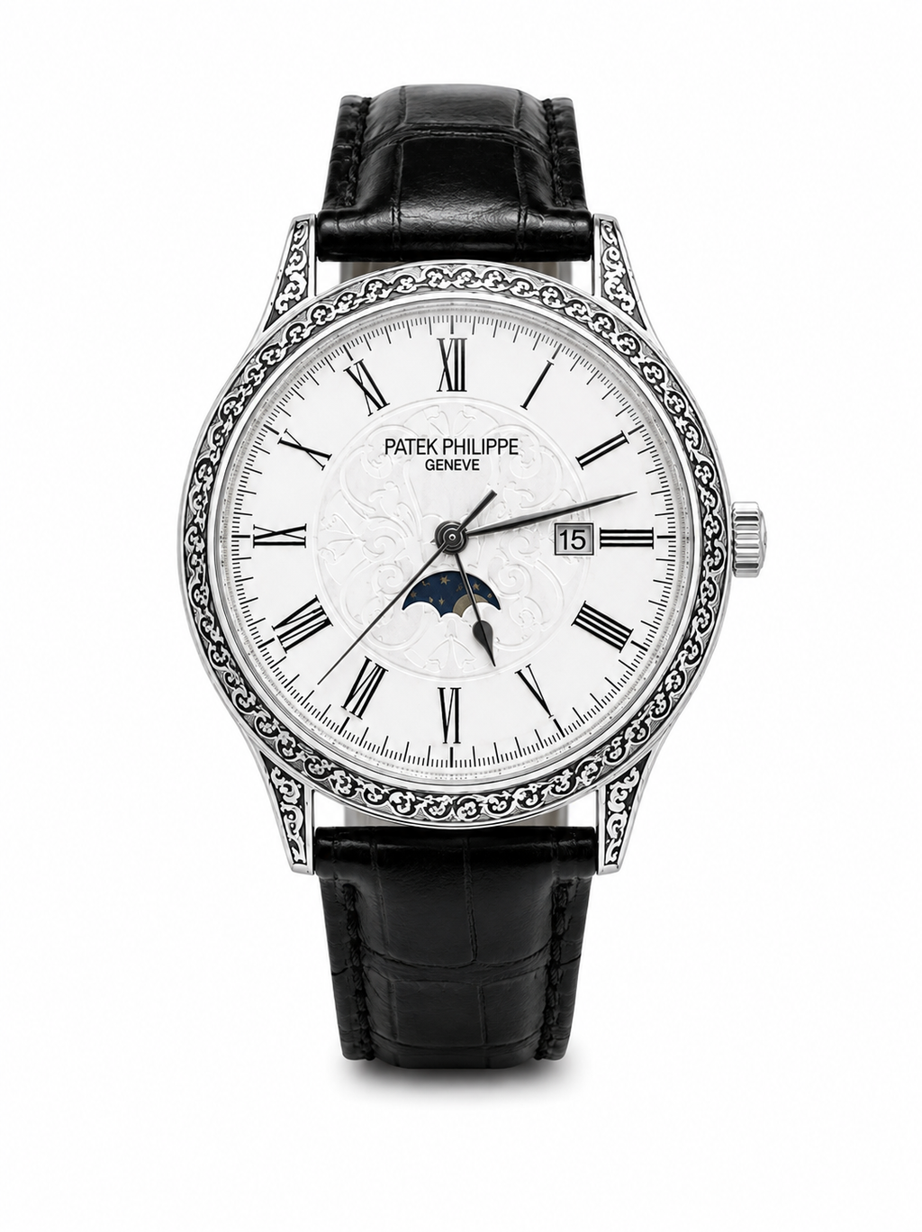 Men’s Classic Black Dress Watch with White Dial & Moon Phase – Leather Strap