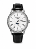 Men’s Classic Black Dress Watch with White Dial & Moon Phase – Leather Strap
