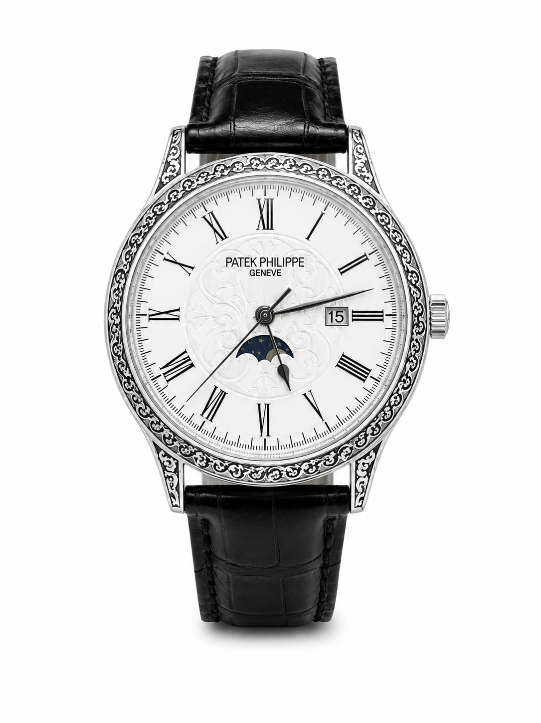 Men’s Classic Black Dress Watch with White Dial & Moon Phase – Leather Strap