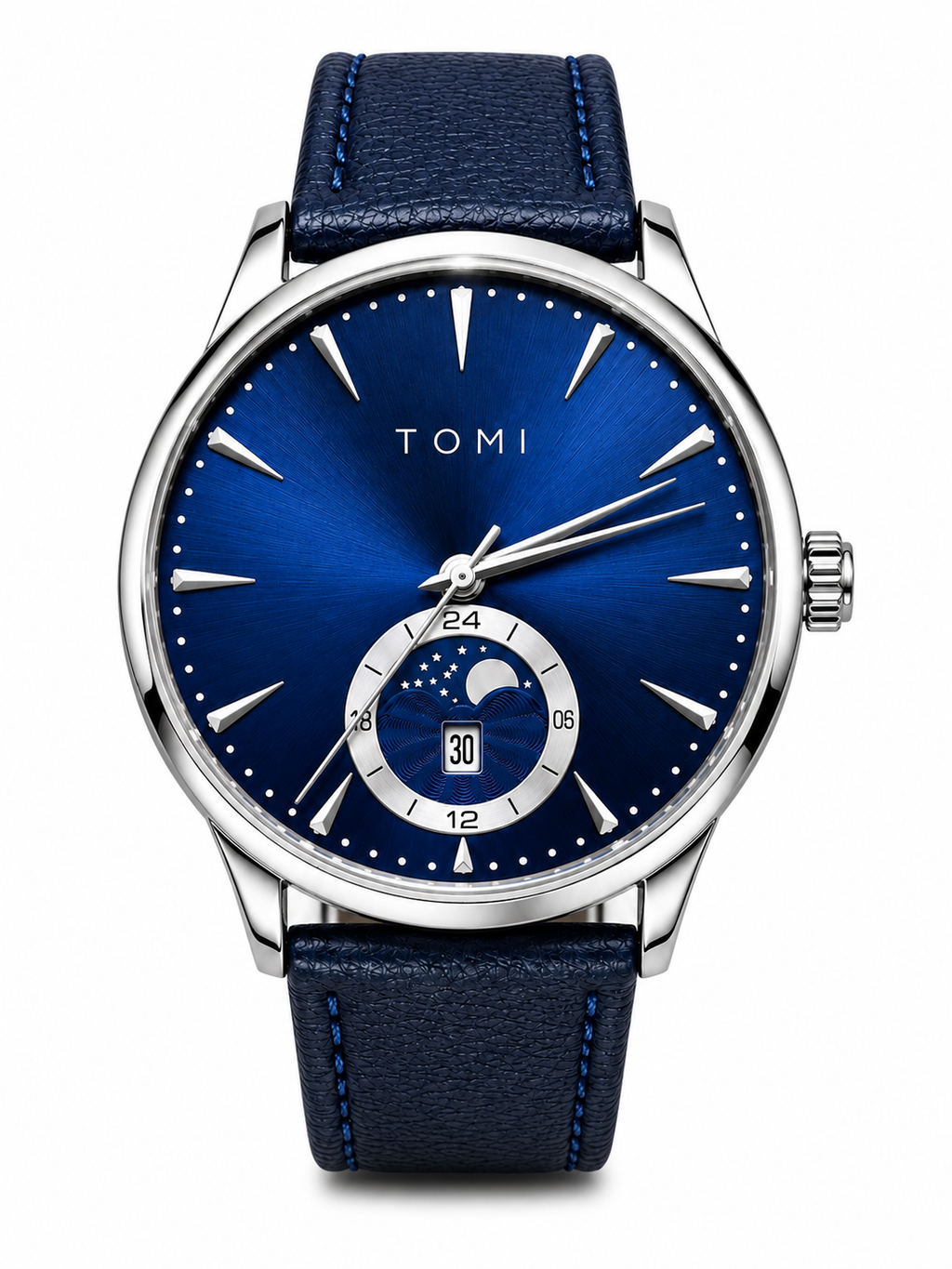 Tomi Men's Blue Leather Strap Analog Watch with Moonphase Dial