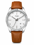 TOMI Men’s Silver & White Dial Watch with Brown Leather Strap