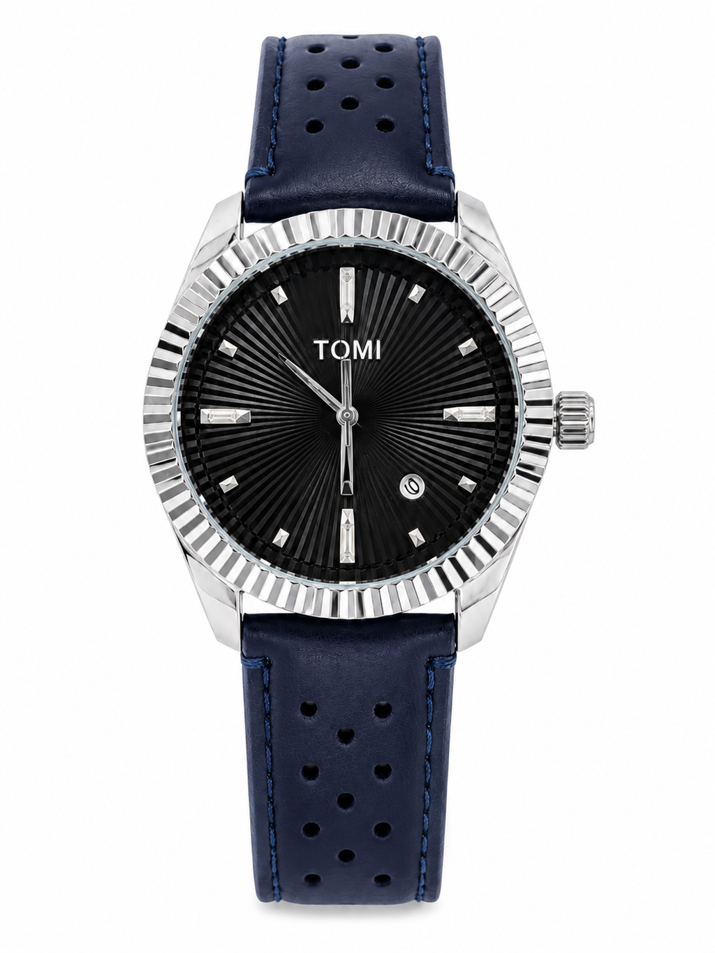 TOMI Men’s Luxury Watch – Black Dial, Silver-Tone Fluted Bezel & Blue Leather Strap