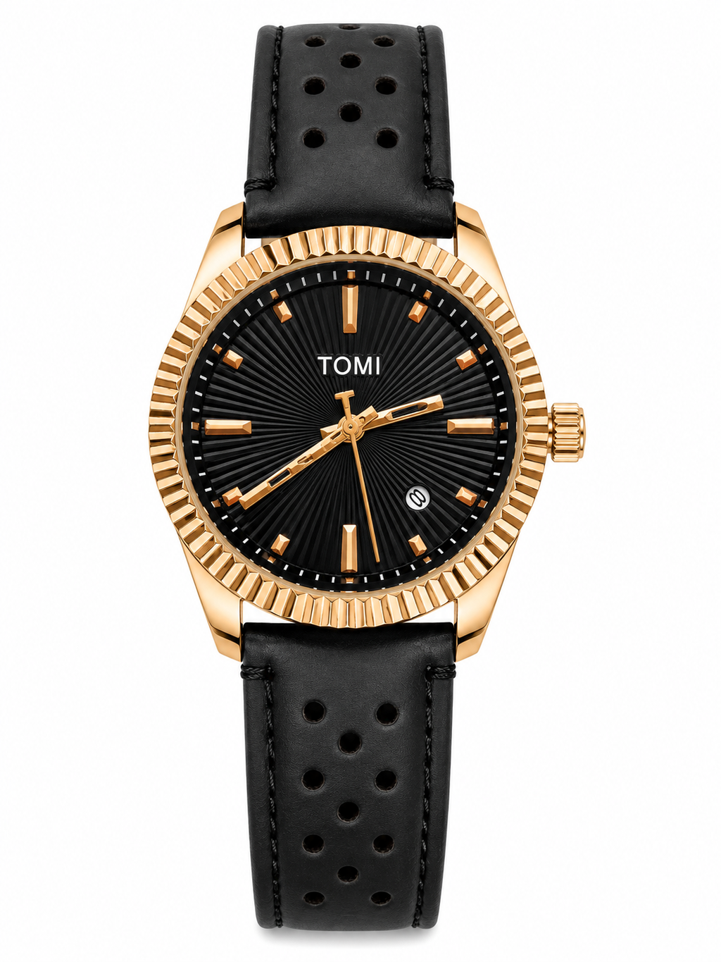 TOMI Men’s Luxury Watch – Black Dial, Gold-Tone Fluted Bezel & Black Leather Strap
