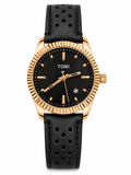TOMI Men’s Luxury Watch – Black Dial, Gold-Tone Fluted Bezel & Black Leather Strap