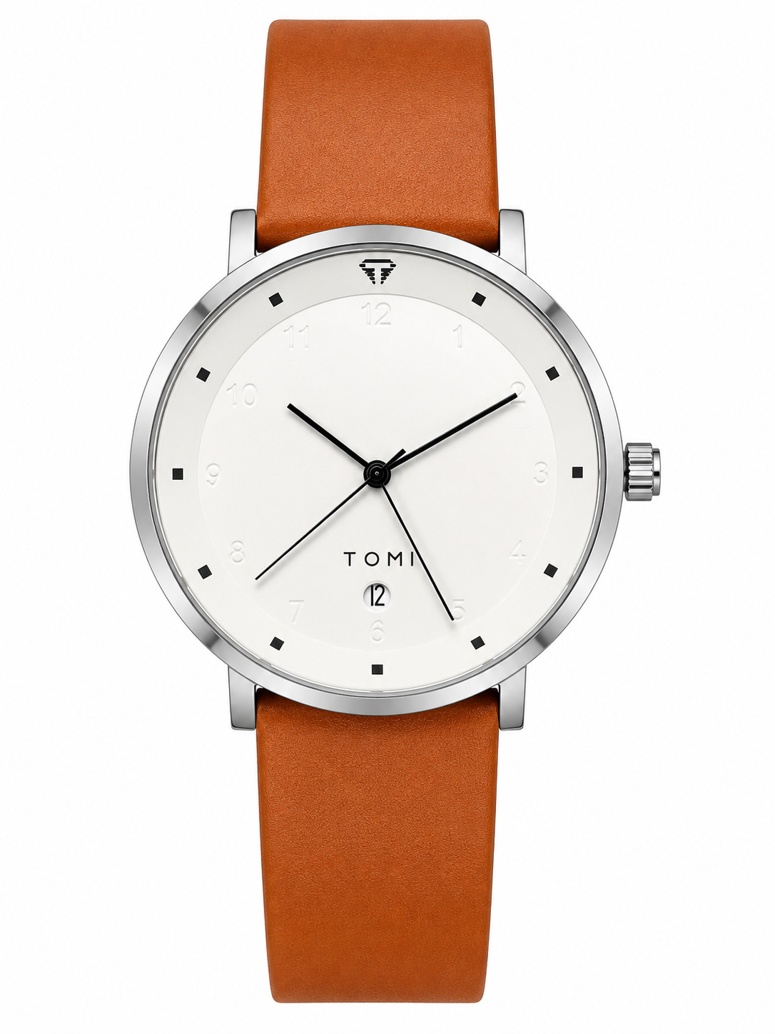 TOMI Men’s Classic Watch – White Dial, Silver Case & Tan Leather Strap