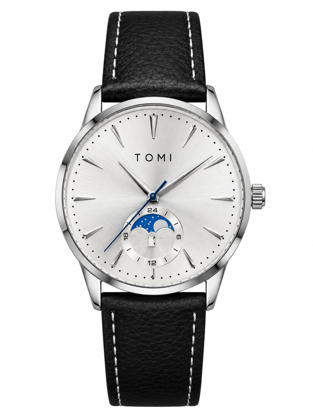 TOMI Men’s Luxury Watch – Silver Case, White Dial, Black Leather Strap & Moon Phase Design