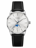 TOMI Men’s Luxury Watch – Silver Case, White Dial, Black Leather Strap & Moon Phase Design