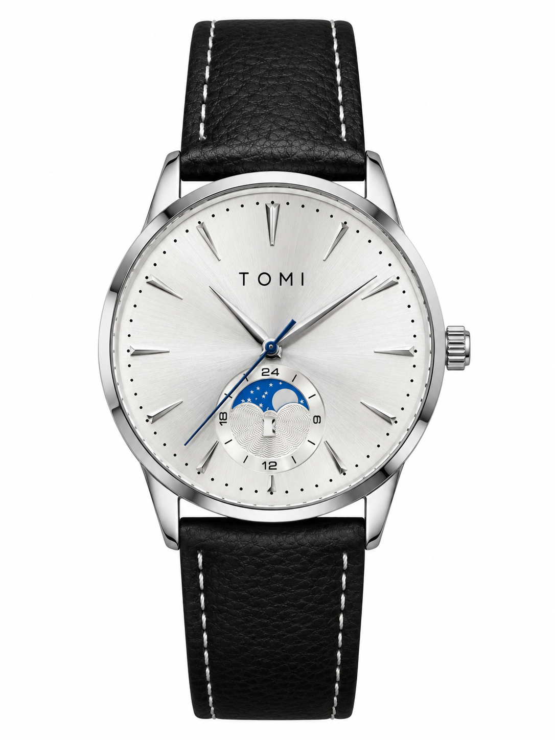TOMI Men’s Luxury Watch – Silver Case, White Dial, Black Leather Strap & Moon Phase Design