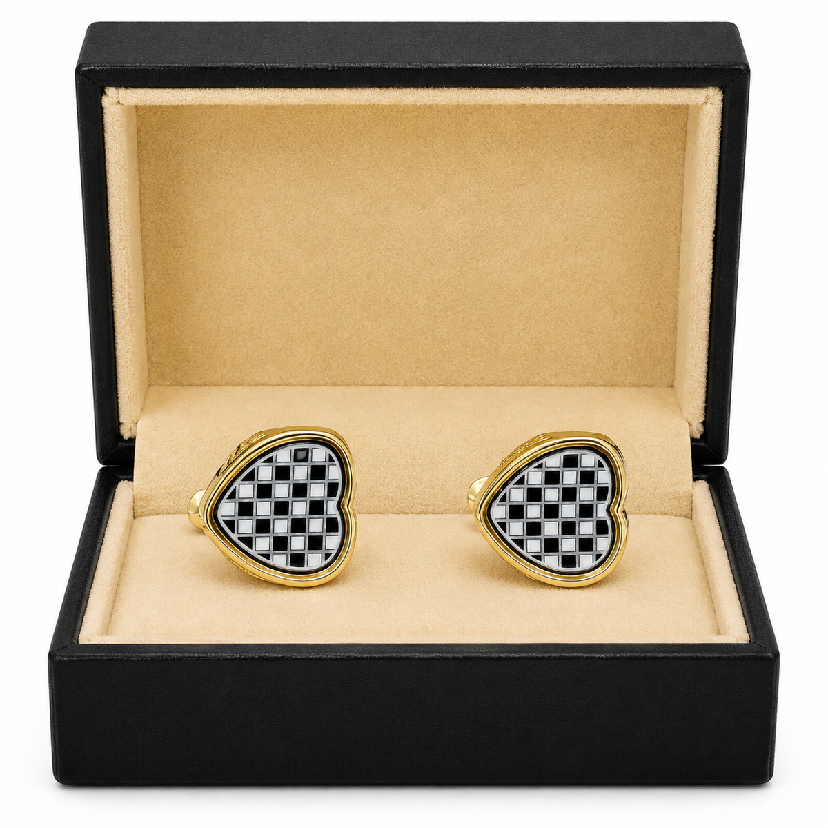 Gold Heart-Shaped Cufflinks with Black & Silver Grid Pattern