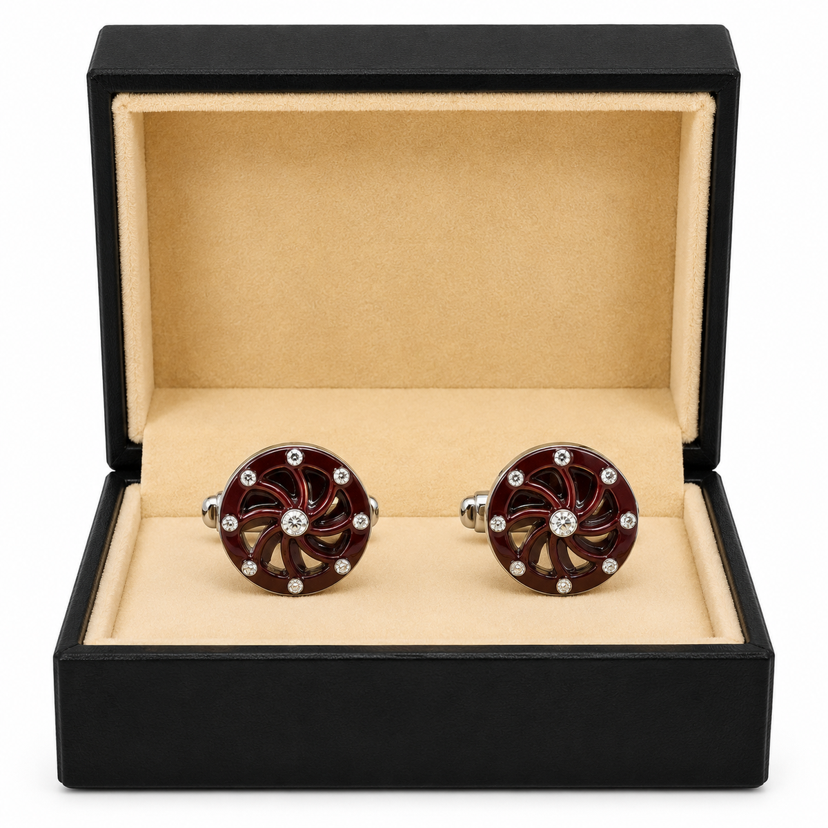 Maroon Round Cufflinks with Crystal Accents