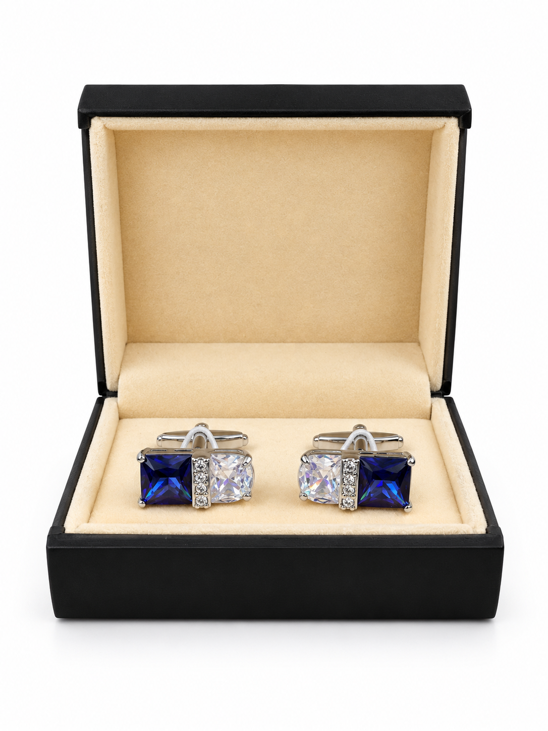 Silver-Tone Blue & Clear Crystal Cufflinks