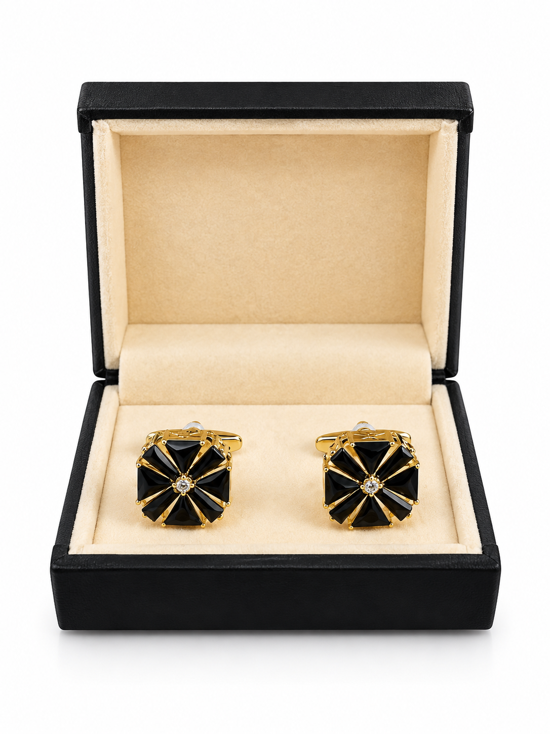 Gold & Black Fan-Pattern Crystal Cufflinks