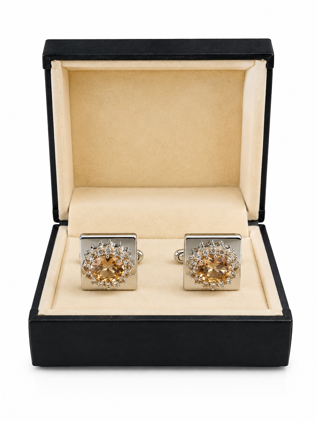 Silver & Amber Crystal Square Cufflinks