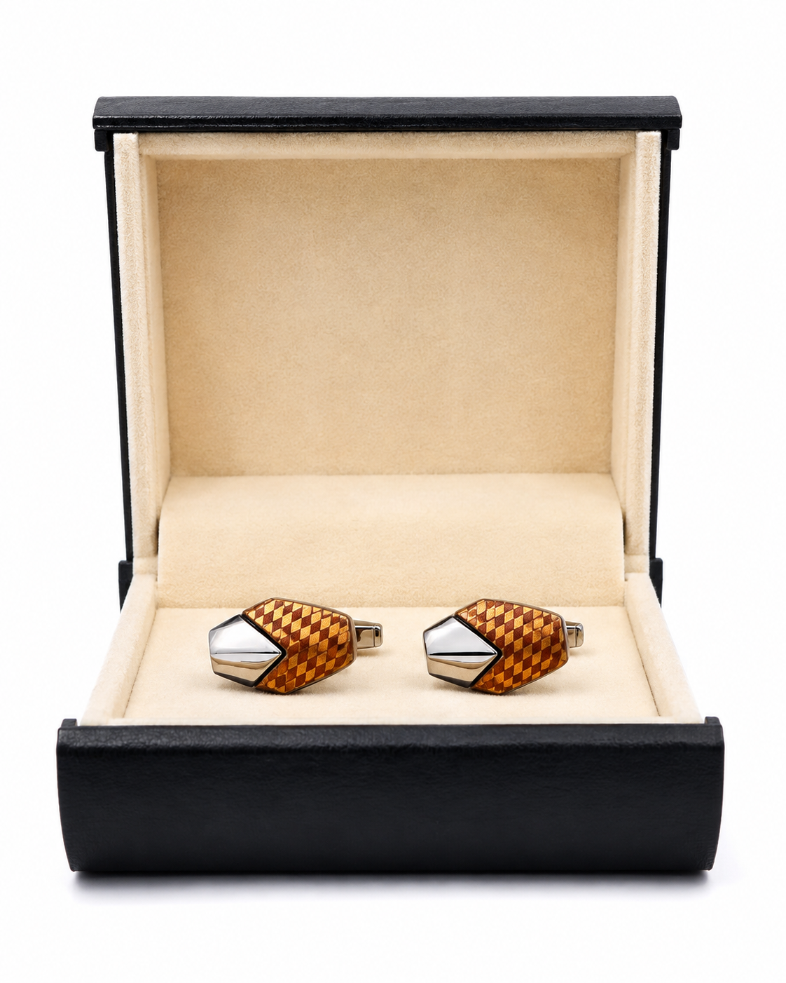 Men’s Silver-Tone Amber Checker Pattern Cufflinks