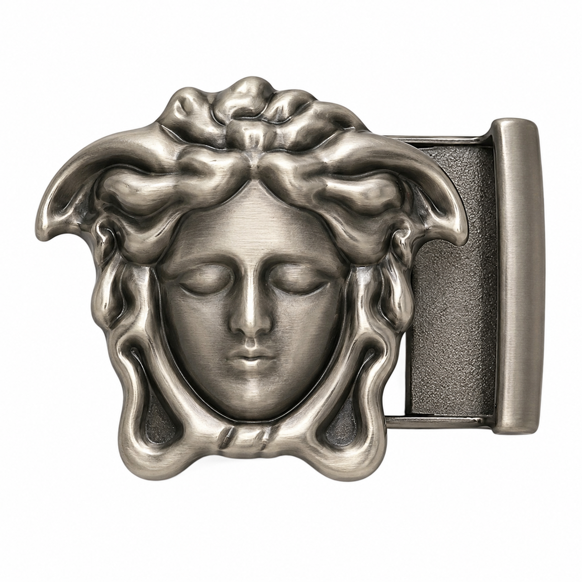 Men’s Black Leather-Style Belt with Silver Medusa Face Buckle