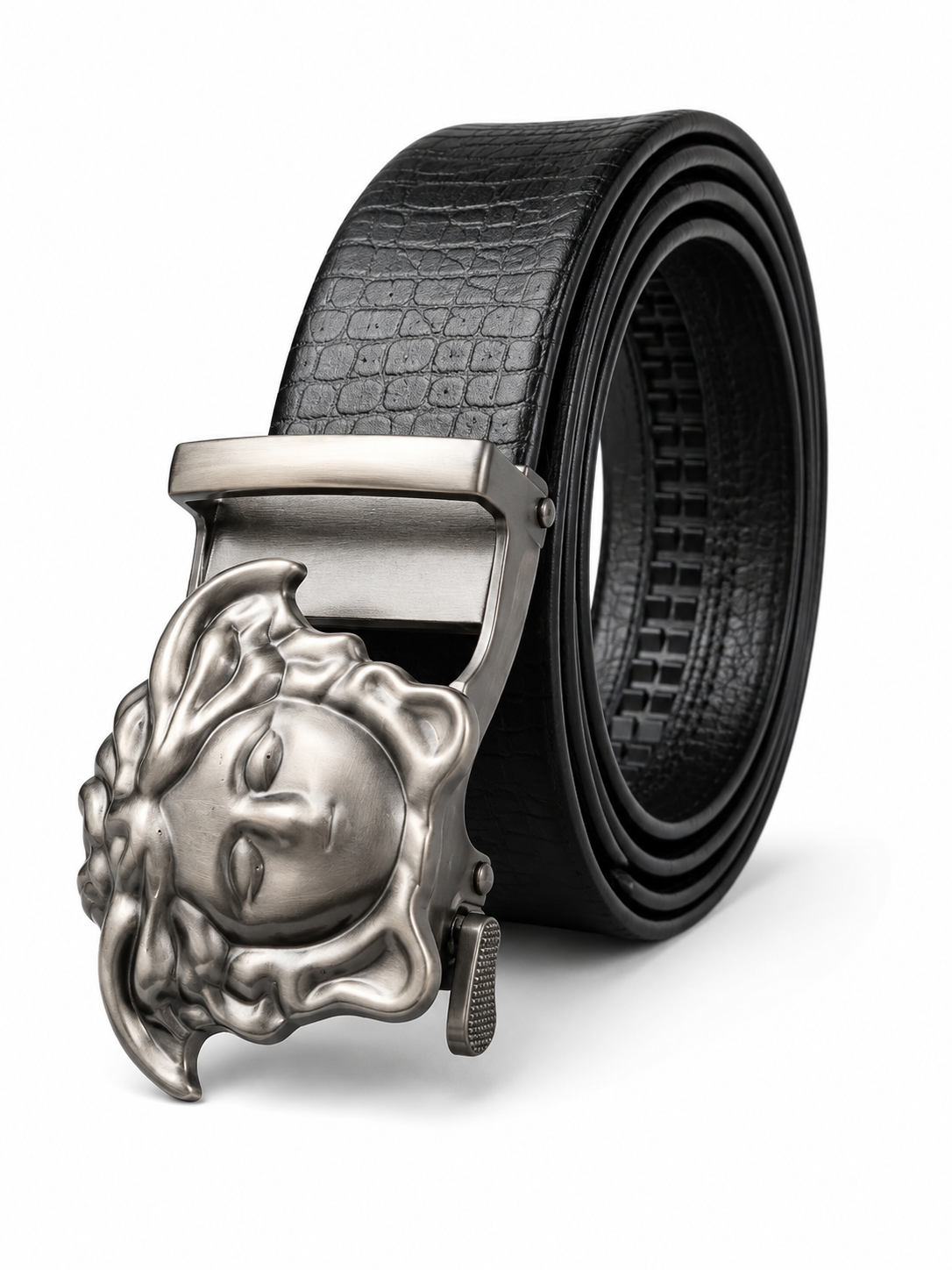 Men’s Black Leather-Style Belt with Silver Medusa Face Buckle