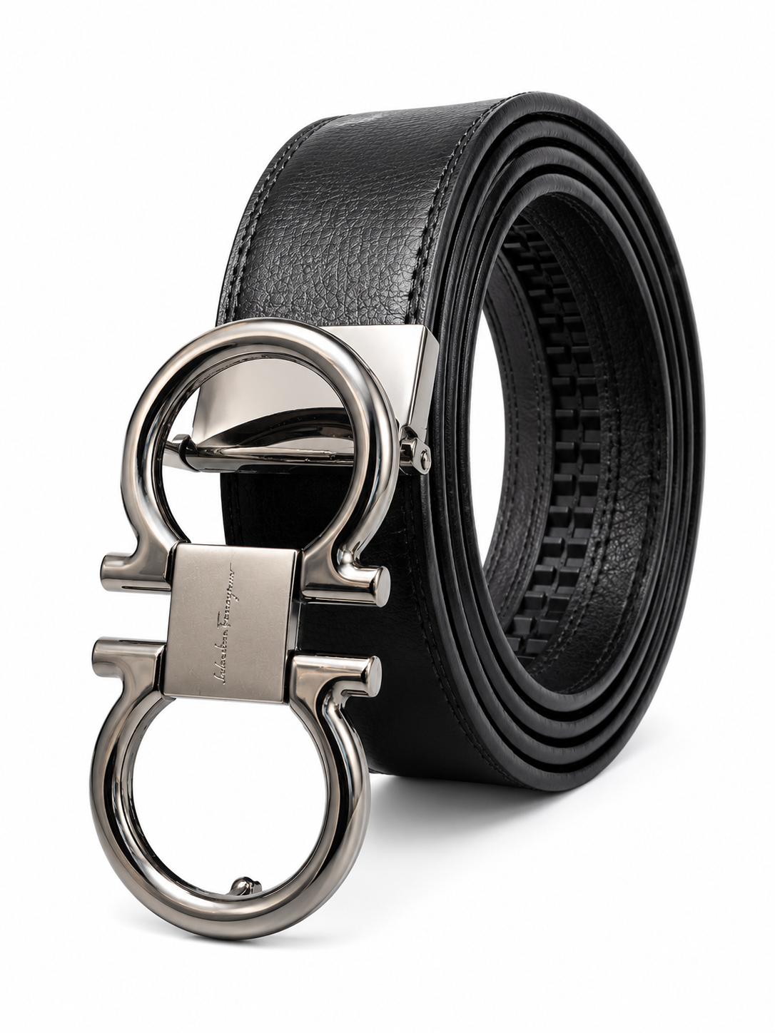 Men’s Black Leather-Style Belt with Silver Double Ring Buckle