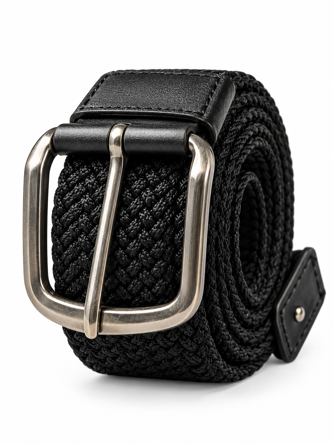 Men’s Black Braided Belt with Silver Rectangular Buckle