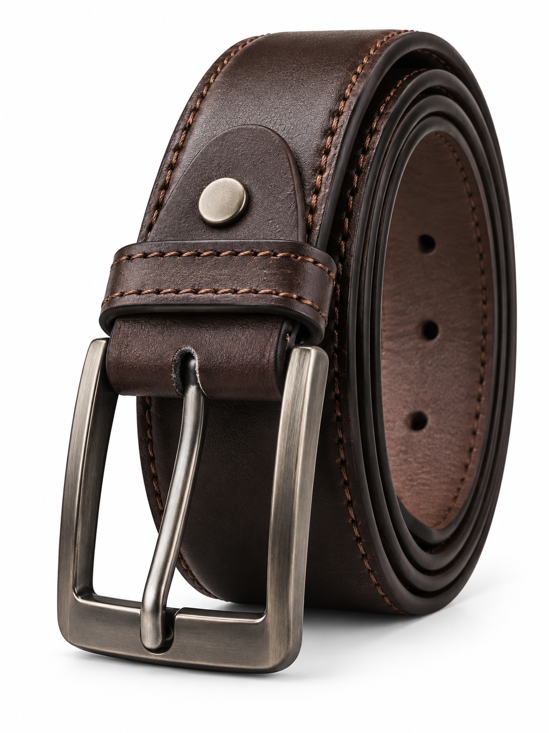 Men’s Brown Leather-Style Belt with Gunmetal Rectangular Buckle