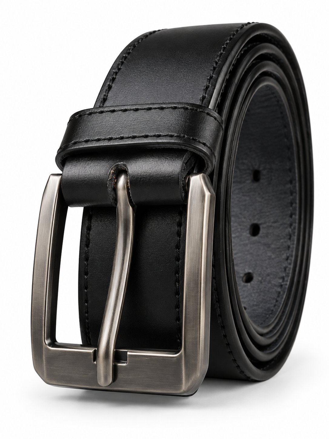 Men’s Black Leather-Style Belt with Gunmetal Rectangular Buckle