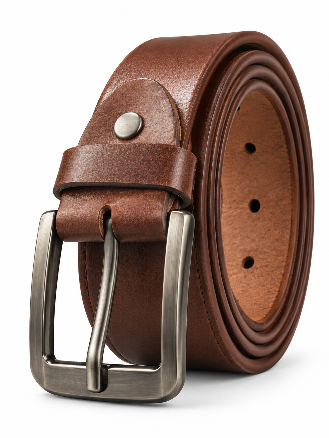 Men’s Brown Leather-Style Belt with Antique Gunmetal Buckle