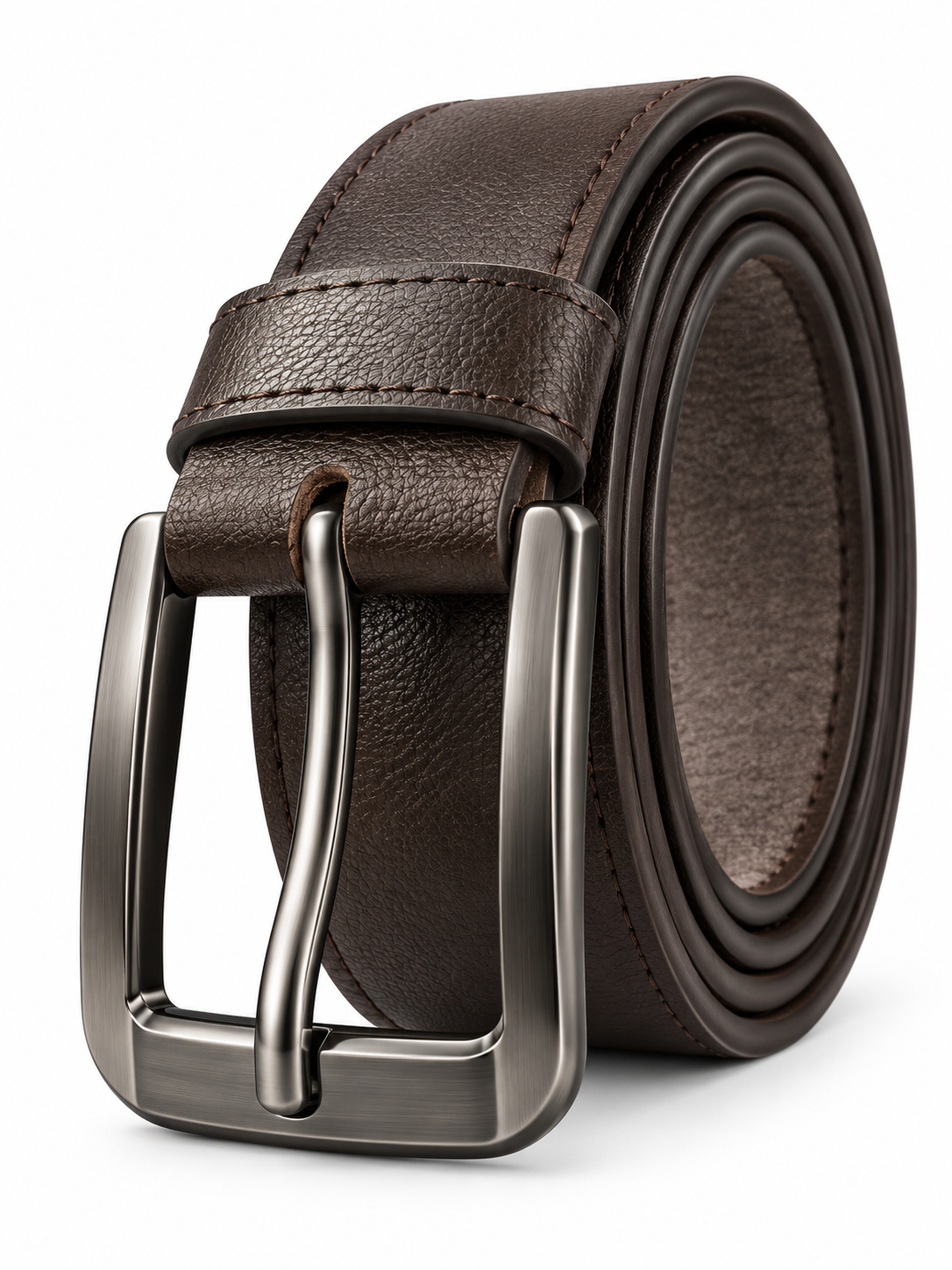 Men’s Brown Leather-Style Belt with Gunmetal Buckle