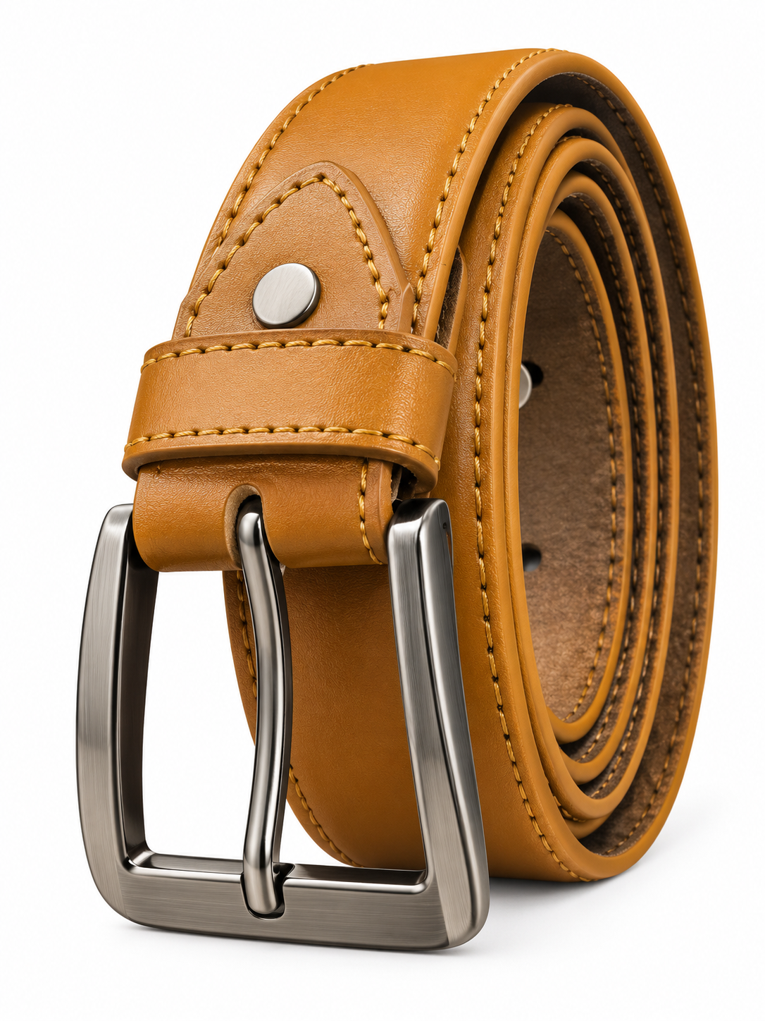 Men’s Mustard Brown Leather-Style Belt with Silver Buckle