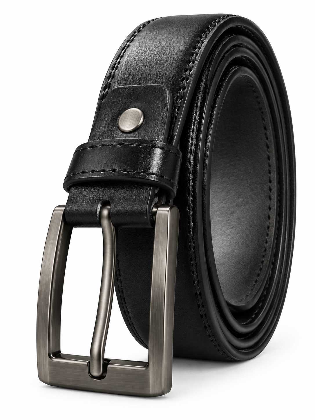Men’s Black Leather-Style Belt with Silver Rectangular Buckle