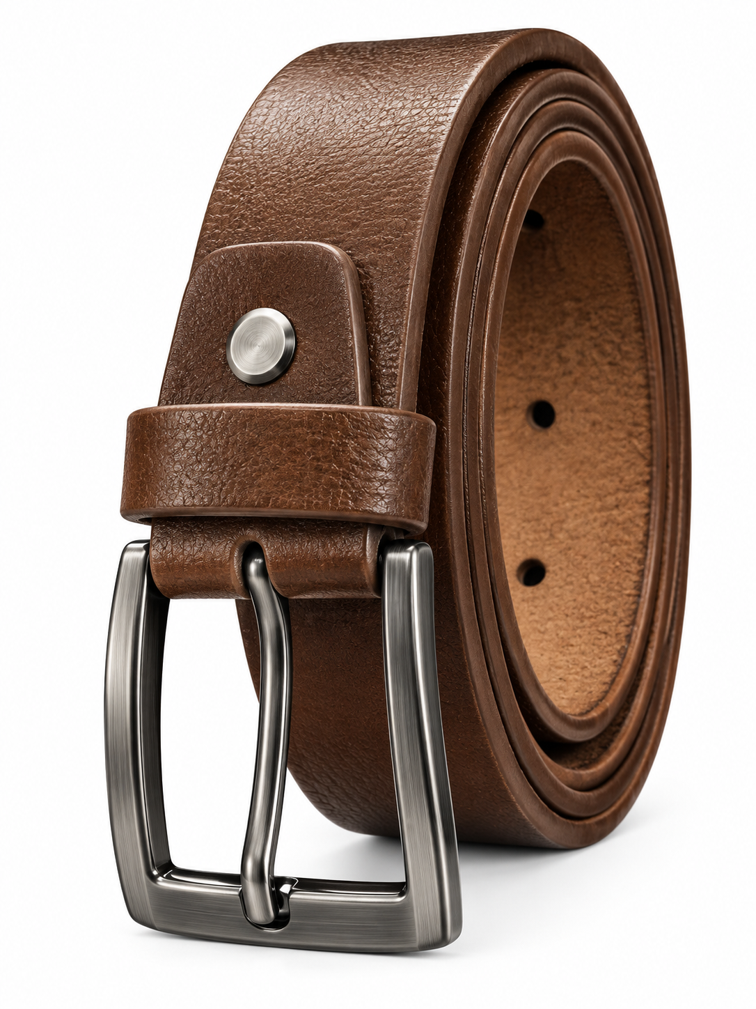 Men’s Brown Leather-Style Belt with Silver Rectangular Buckle