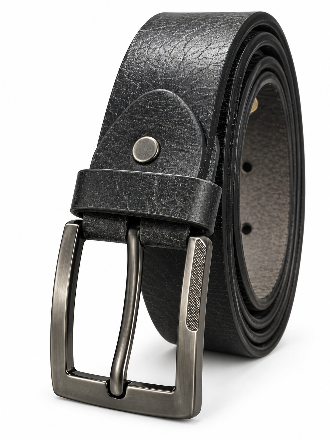 Men’s Black Leather-Style Belt with Textured Gunmetal Buckle