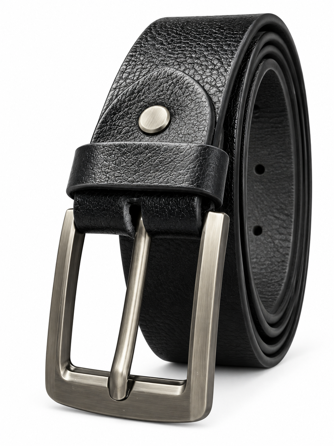 Men’s Black Leather-Style Belt with Brushed Metal Pin Buckle