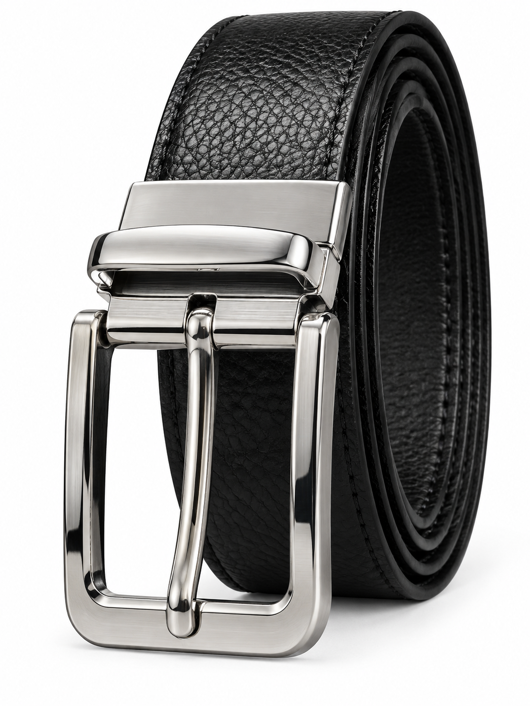 Men’s Black Textured Leather-Style Belt with Rotating Silver Buckle