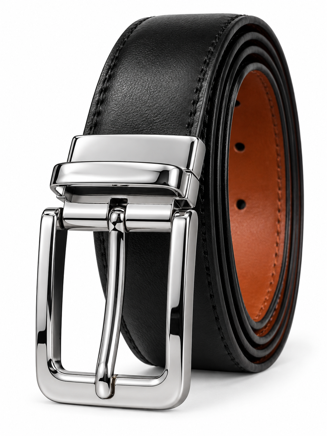 Men’s Genuine Leather Belt with Premium Rotating Silver Buckle