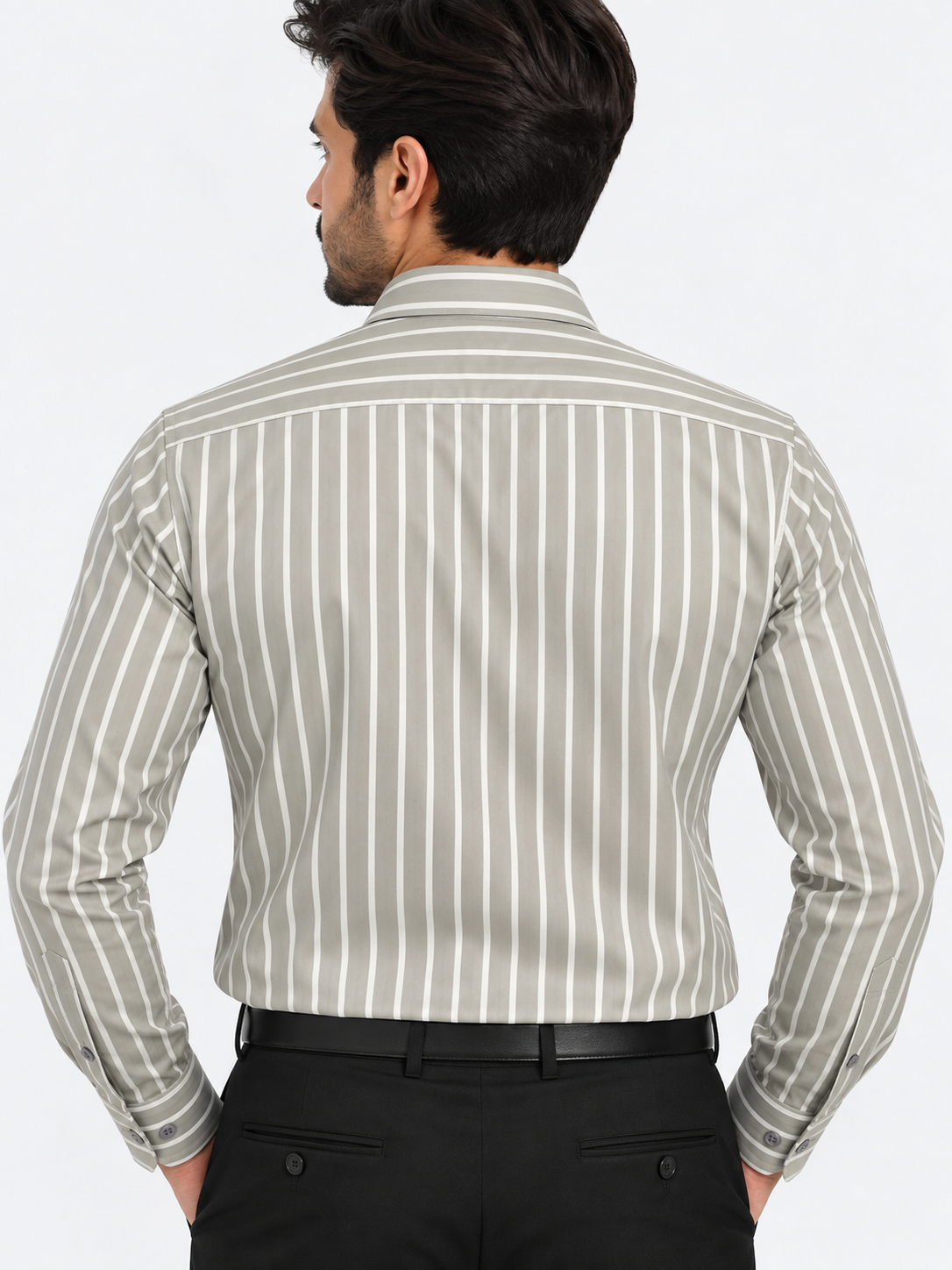 Men’s Grey & White Striped Long Sleeve Shirt