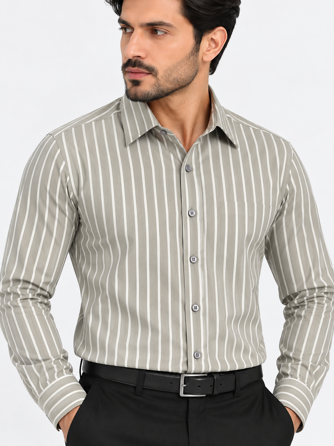 Men’s Grey & White Striped Long Sleeve Shirt