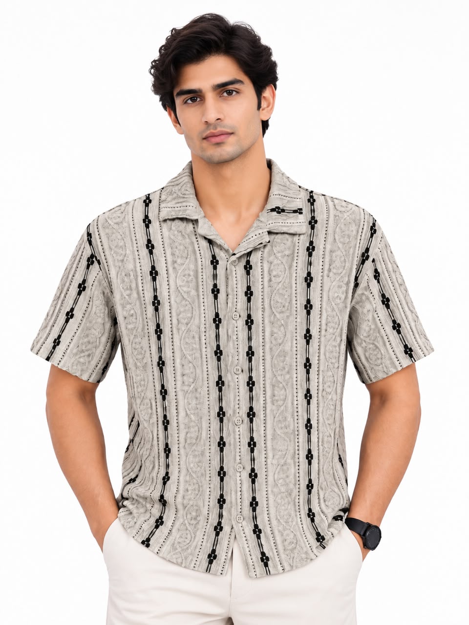 Men’s Textured Vertical Pattern Short Sleeve Casual Shirt