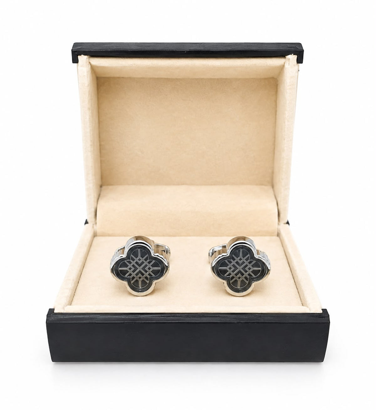 Black & Silver Quatrefoil Pattern Cufflinks